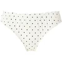 White women's panties with black polka dots, elastic waistband, and ruffled edges.