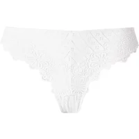 White lace women's panties with floral patterns and scalloped edges.