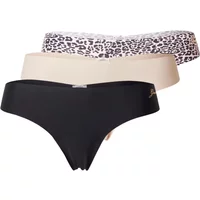 Set of three Guess women's panties, featuring leopard print, beige, and black with raw cut edges.