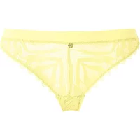 Yellow lace-trimmed women's panties with a small front emblem and sheer fabric by Morgan Sana.