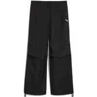 Black Puma women's parachute cargo pants with wide legs, adjustable drawstrings, and small logo on the upper left.
