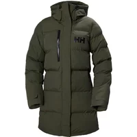 Olive green Helly Hansen women's parka with puffy design, hood, chest pocket, and HH logo on the chest.