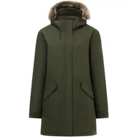 Olive green women's parka with faux fur-trimmed hood, front zipper, and two large flap pockets.