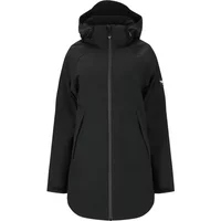 Black women's parka with hood, front zipper, and long sleeves, Weather Report Brittan Pro 15000.
