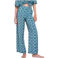 Blue patterned women's trousers with wide legs and geometric design.