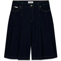 Women's pleated denim Bermuda shorts by Guess, dark blue with front pockets and button closure.