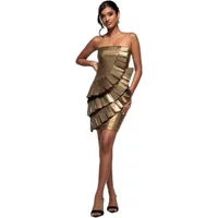 Gold pleated scuba crepe bodycon dress with strapless neckline and tiered ruffle detail by Goddiva.