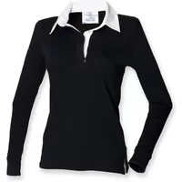 Black women's polo shirt with long sleeves and white collar by FRONT ROW.