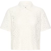 White lace women's polo shirt Ichi Naima with short sleeves and buttoned collar.