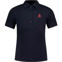 Navy women's polo shirt by Le Coq Sportif with red logo on chest and three-button placket.