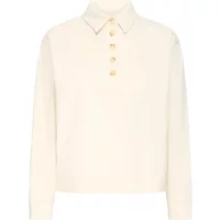 Cream women's polo sweatshirt by Ichi Ihmoja with gold buttons and long sleeves.