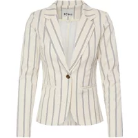Women's Ichi Kate 29 blazer, cream with vertical blue stripes, single-button closure, notched lapel, tailored fit.