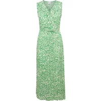 Green sleeveless printed dress with a floral pattern, V-neckline, and fitted waist by Ichi IHMarrakech Dr10.