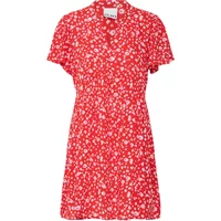 Red floral printed women's dress by Ichi with short sleeves and a v-neckline.