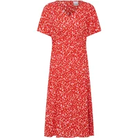 Red floral printed women's dress by Ichi Marrakech 25, short sleeves, knee-length, with a round neckline.