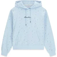 Light blue women's printed hoodie by Guess with small logo pattern, drawstring hood, and front pocket.