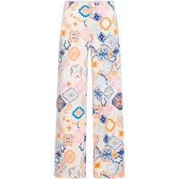 Women's printed trousers by Ichi, featuring a colorful geometric pattern in pink, blue, and orange on a white background.