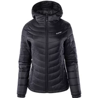 Black Hi-Tec Nahia women's puffer jacket with hood, front zipper, and quilted design.