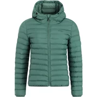 Green women's puffer jacket by Protest Ice, featuring horizontal quilting, front zipper, and attached hood.