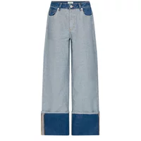 Women's light blue wide-leg jeans with dark blue cuffs and front pockets, by Ichi IHMianna.