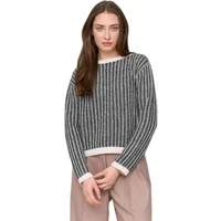 Gray and white striped women's round-neck sweater with ribbed texture and contrasting white cuffs and hem.