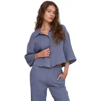 Blue women's ruffled shirt by 24 Colours, featuring wide sleeves and a button-up front.