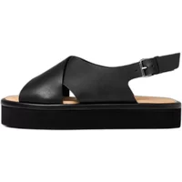 Black leather women's sandals with thick platform sole, open toe, and adjustable ankle strap.