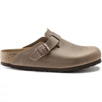 Beige Birkenstock Boston LEOI women's sandal with adjustable buckle and cork footbed.