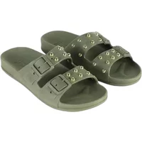 Olive green women's sandals with double buckle straps and silver studs.