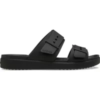 Black Crocs Brooklyn Buckle Low sandals with two wide straps and adjustable buckles on a platform sole.