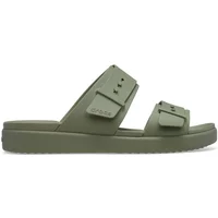 Olive green women's Crocs Brooklyn Low sandals with two wide straps and adjustable buckles.