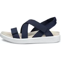 Navy blue women's sandals with cross straps, white sole, and adjustable ankle strap by ECCO.
