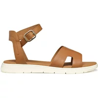 Brown leather Geox Dandra women's sandals with ankle strap and white rubber sole.