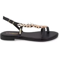 Black women's sandal with gold leaf embellishment and adjustable ankle strap by Les Tropeziennes par M.Belarbi.