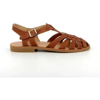 Brown women's sandals Méduse Sunville with woven straps, buckle closure, and flat sole.