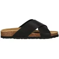 Black leather women's sandals with crisscross straps and cork sole by Nou Musoni V2.