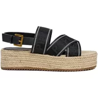 Black Pepe Jeans Lyla Dance women's sandals with crisscross straps, gold buckle, and woven jute platform sole.
