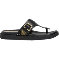 Black women's sandals by Pepe Jeans with a wide strap, gold buckle, and flat sole.