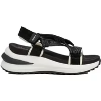 Black and white women's sandals with thick sole, adjustable straps, and Pepe Jeans branding.