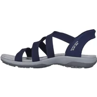 Navy blue Skechers Reggae Slim Stretch Flex sandals with crisscross straps and cushioned gray sole.
