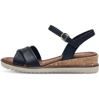 Black Tamaris women's sandals with cork wedge heel, adjustable ankle strap, and crisscross front straps.