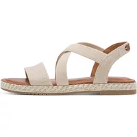 Beige Tamaris women's sandals with crisscross straps and braided jute sole.