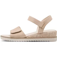 Beige Tamaris women's sandals with adjustable straps and textured wedge heel.