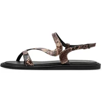 Brown snakeskin-patterned Tamaris women's sandals with black flat sole and adjustable ankle strap.