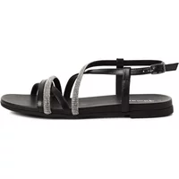 Black Tamaris women's sandals with silver embellished straps and ankle buckle.
