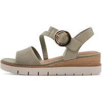 Beige Tamaris women's sandals with perforated strap, adjustable buckle, and wedge sole.