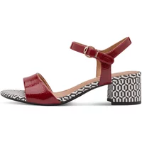 Red Tamaris women's sandals with ankle strap, geometric patterned block heel, and open toe design.