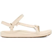 Beige women's Teva Original Universal Slim Lea sandals with adjustable ankle strap and flat sole.