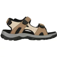 Tan and black women's sandals with adjustable straps and rugged sole, Whistler Cornella model.