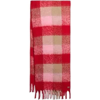 Red and pink plaid Superdry women's scarf with beige accents and fringed ends.